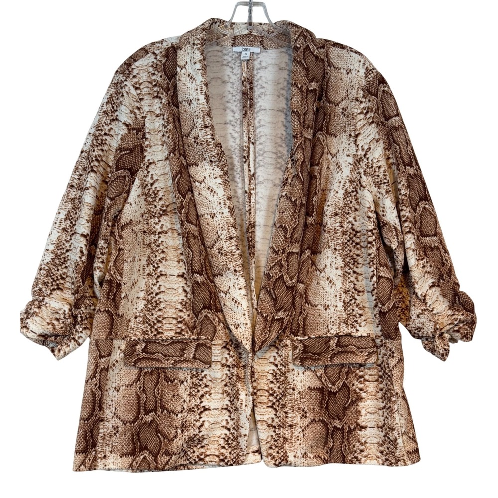 Bar III Womens 2X Snakeskin Print Open Front Blazer 3/4 Scrunched Sleeve Brown